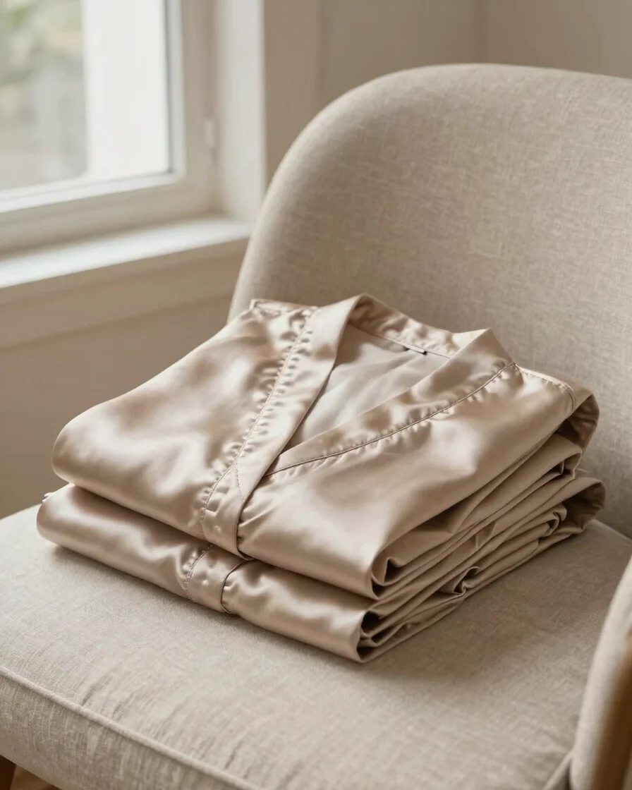 Editorial product photography of a satin robe folded over a linen chair, soft window daylight, warm neutral tones, close