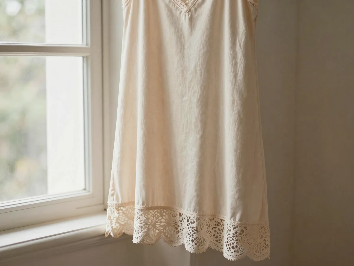 Editorial product photography of a cream lingerie nightgown on a
