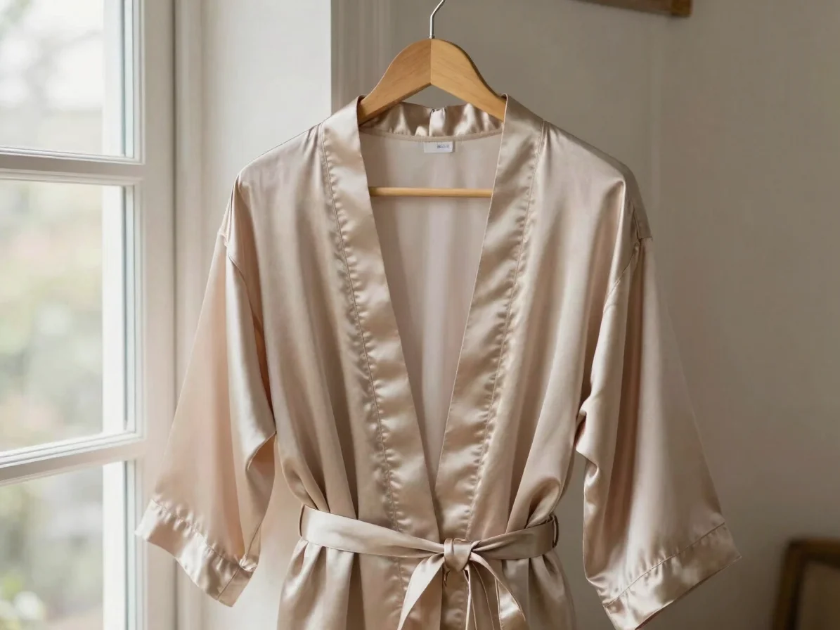 Editorial product photography of a satin robe with soft drape ove