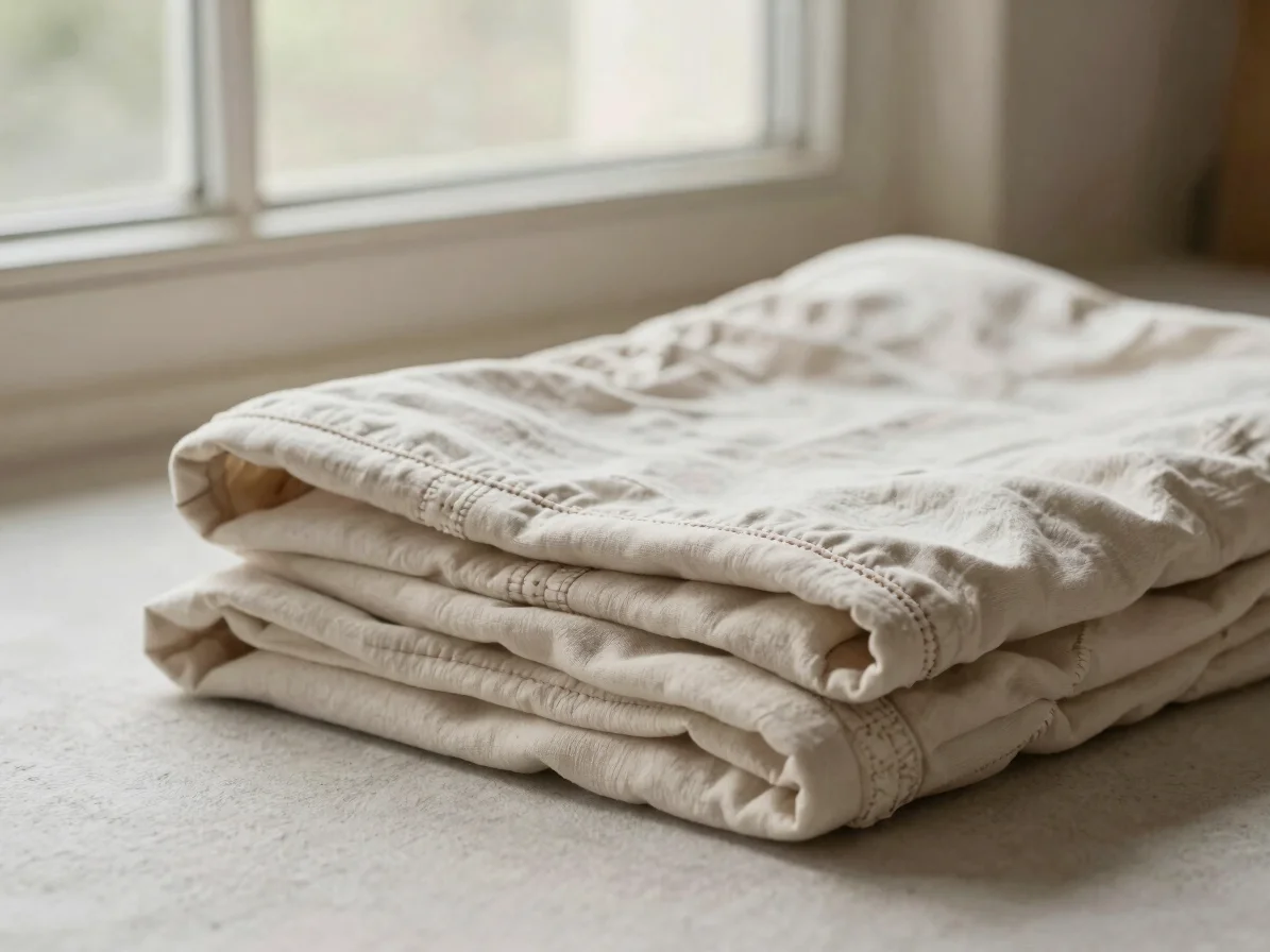 Editorial product photography of a folded cotton two-piece sleepw