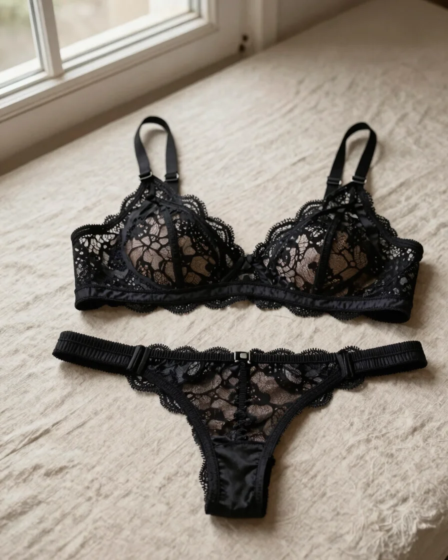 Editorial product photography of a pair of delicate black lace stocking tops and a soft fabric garter belt laid flat on