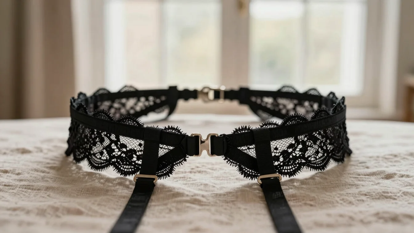Editorial product photography of a black lace suspender belt with four straps on warm neutral linen, soft diffused windo
