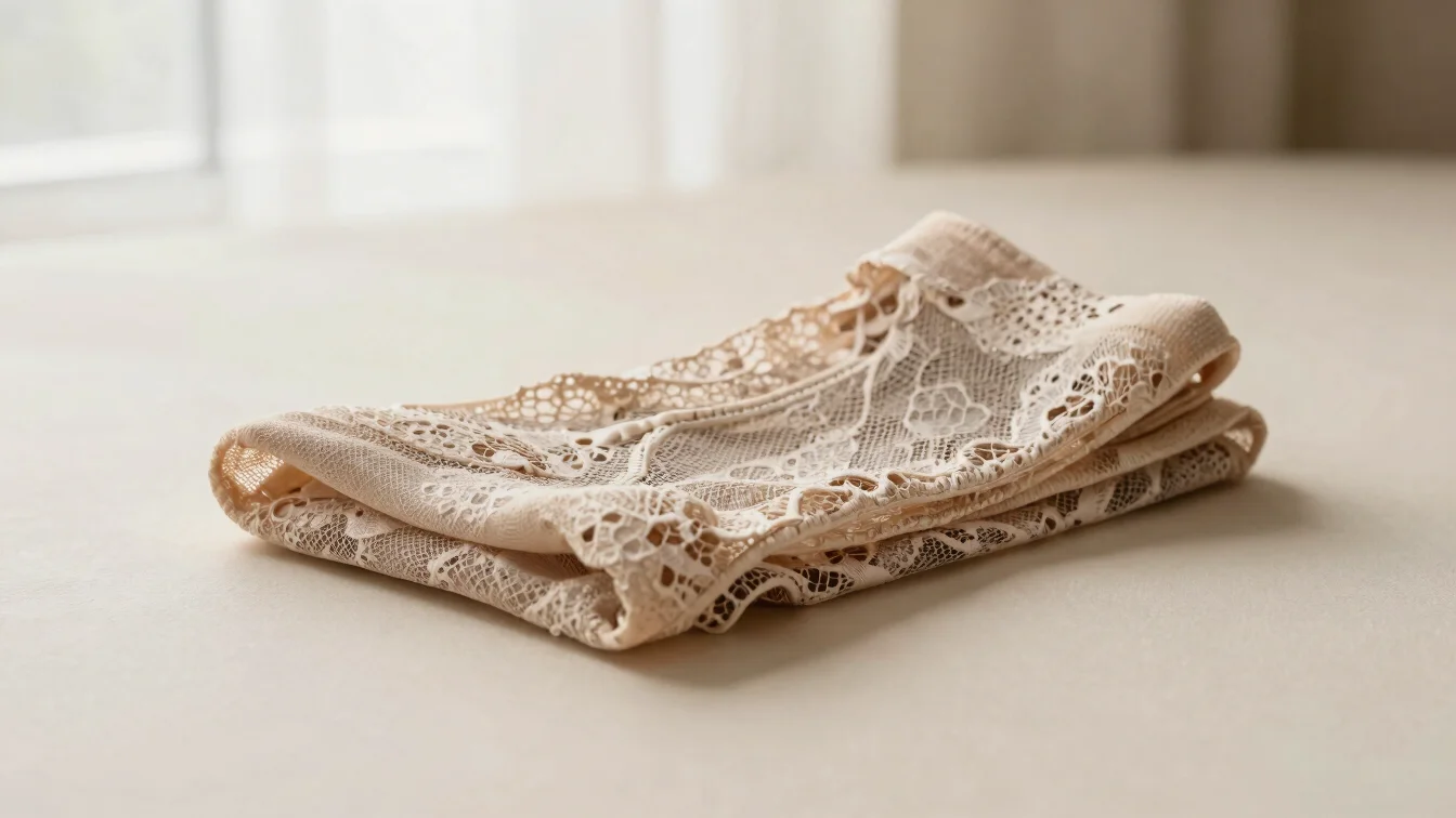 Editorial product photography of sheer lace stockings folded on a soft neutral background, soft window daylight, fabric