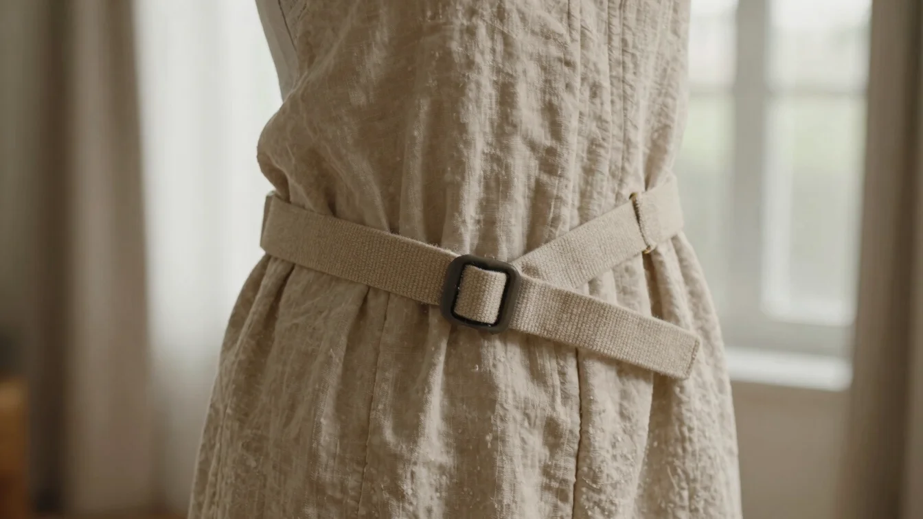 Editorial product photography of a soft textile harness with adjustable straps on warm linen, gentle diffused light, clo