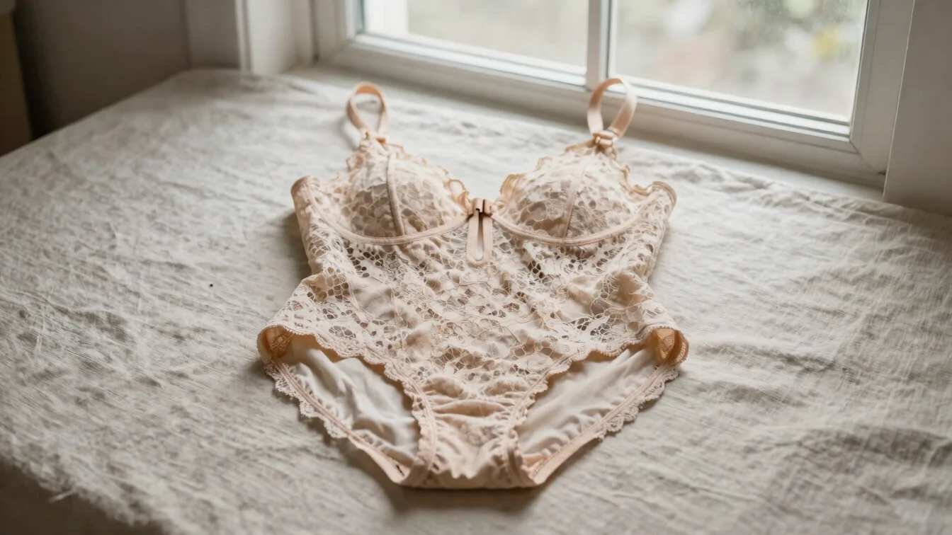 Lace bodysuit displayed flat on neutral linen, soft window light,