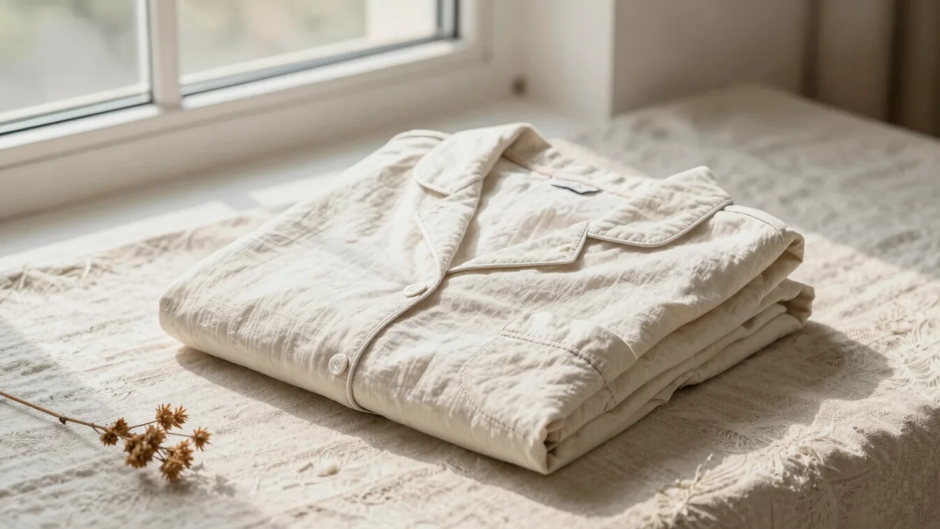 Soft cotton sleepwear folded on natural linen beside a small drie