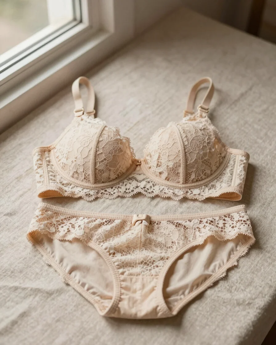 Editorial product photograph of a coordinated lace bra and brief
