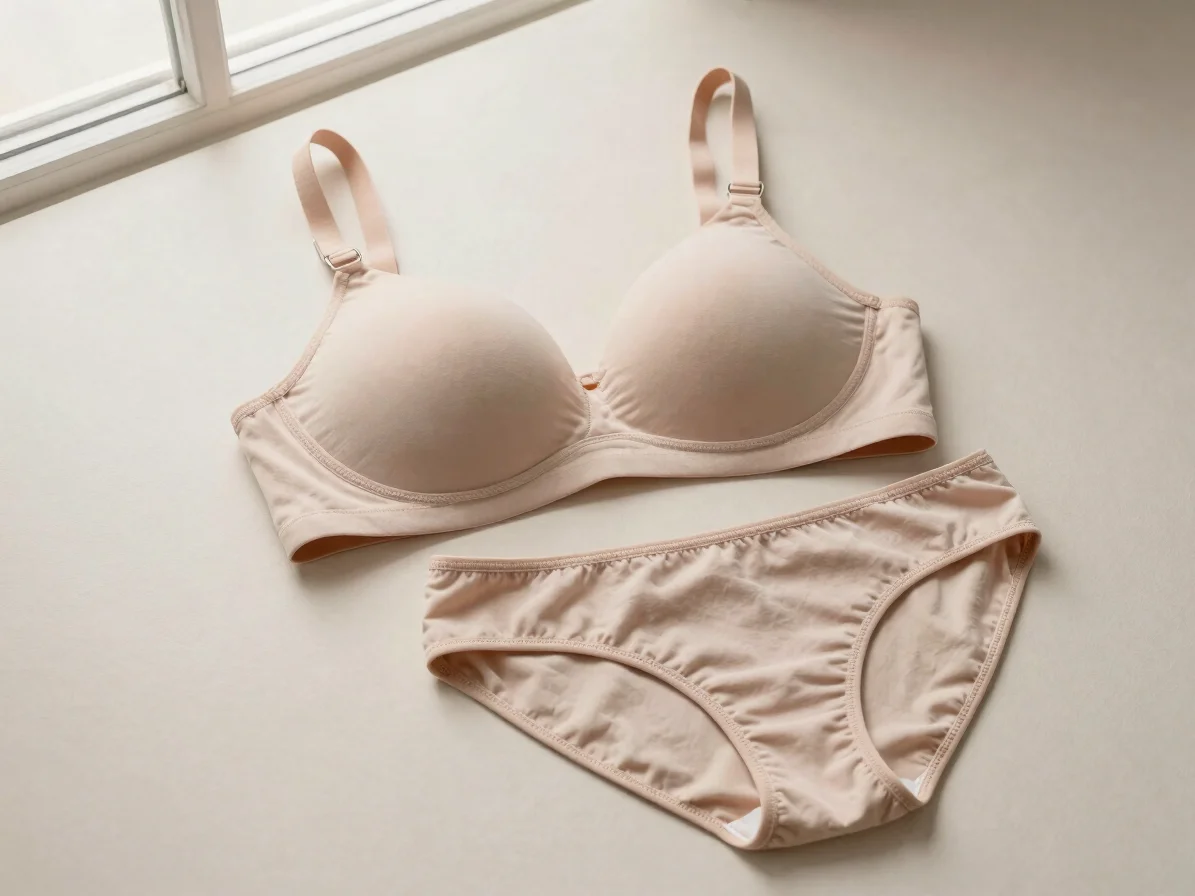 Flat-lay product photograph of a seamless microfibra bra and biki
