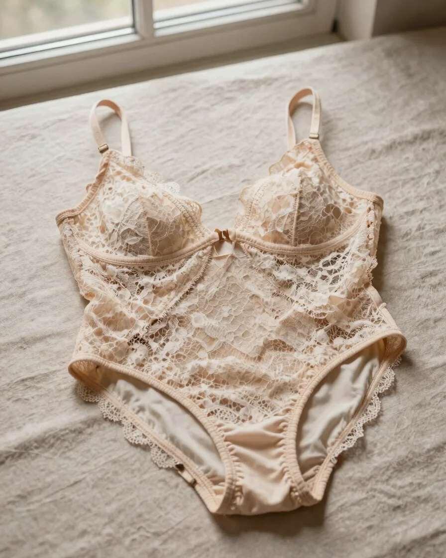 Editorial product photography of a single lace bodysuit with open back and thin straps laid flat on warm linen, soft win