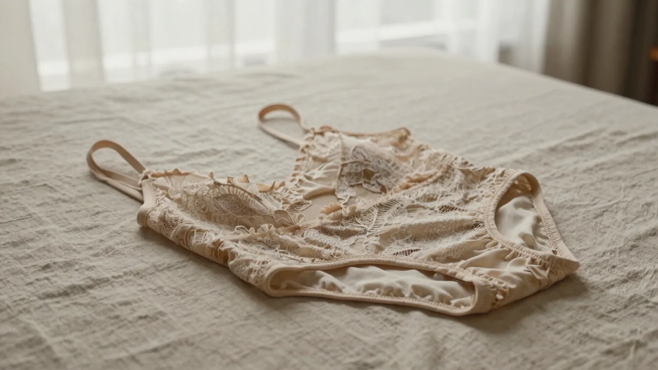 Editorial product photography of an open-back lace bodysuit folde