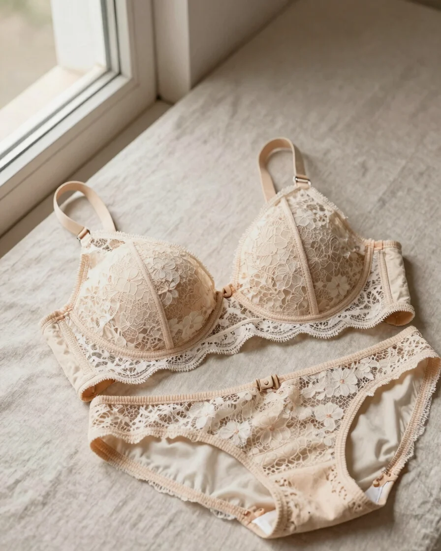 Editorial product photography of a delicate lace bra and matching