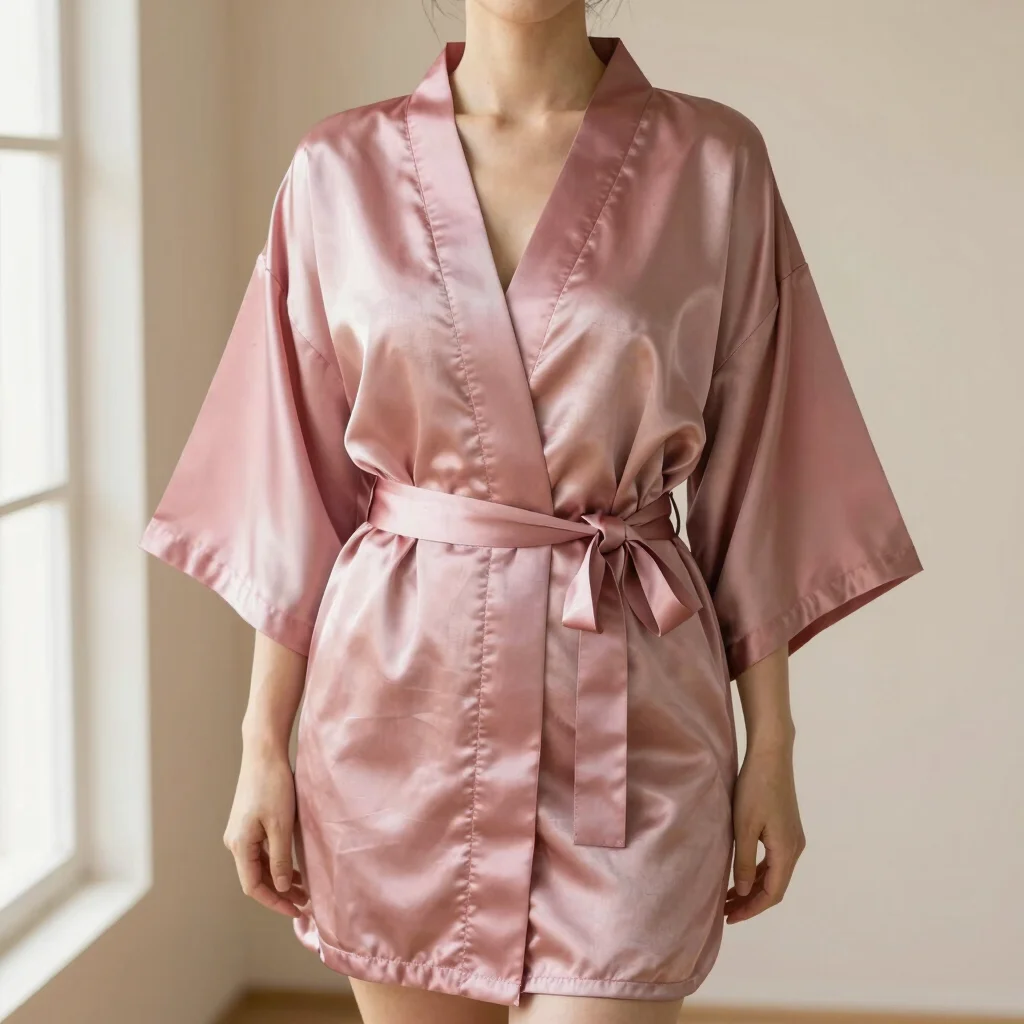 Bata Kimono Corta Seda Rosa Empolvado
